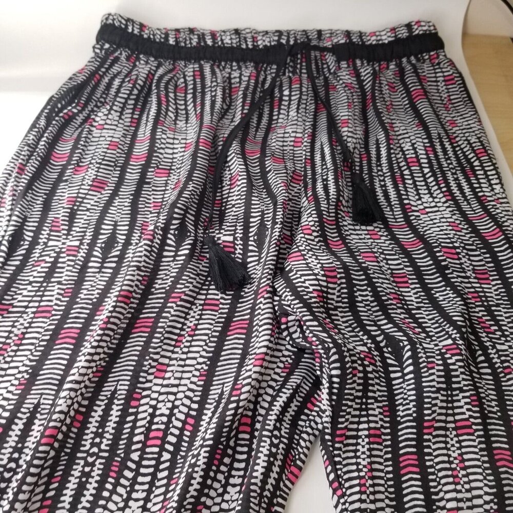 Swim Beach Flowy Pants Womens Medium Black Pink Wide Leg Elastic Waist Tie - Picture 3 of 11